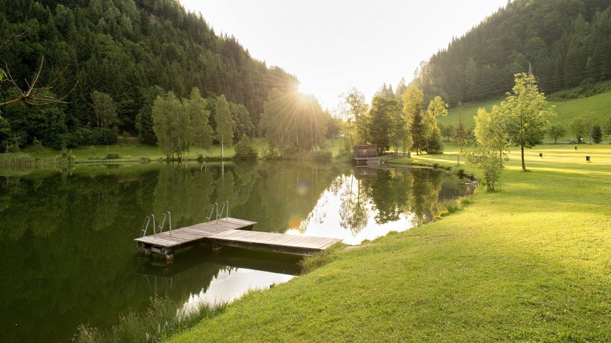 Blick vom Hotel Seeblick auf die große Liegewiese und auf den Böndlsee